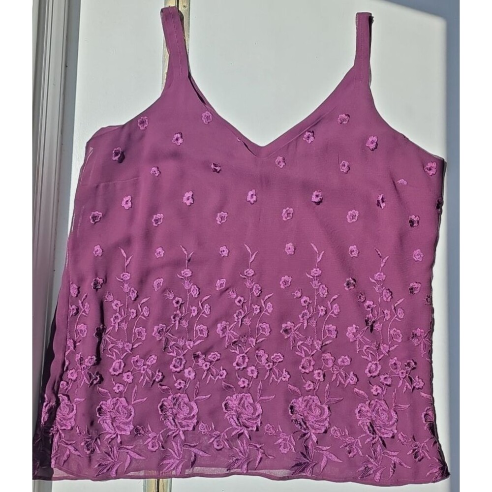 WHBM Tank Top Lined w/ Sheer Purple Layer and Embroidered Floral Pattern L